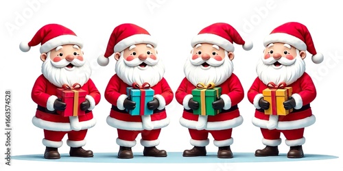 Cute Santa Claus carrying different gifts, cartoon Christmas artwork on white