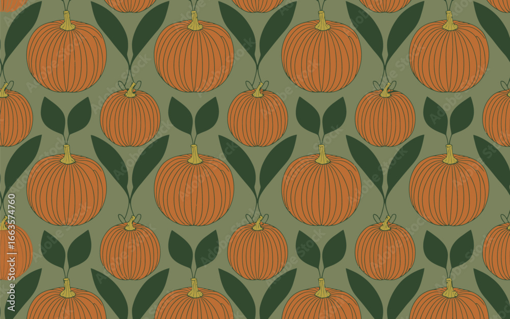 Obraz premium Art Deco Pumpkin and Leaf Pattern in Orange and Sage Green