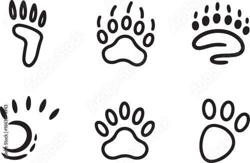Collection of six different animal paw prints isolated on white background