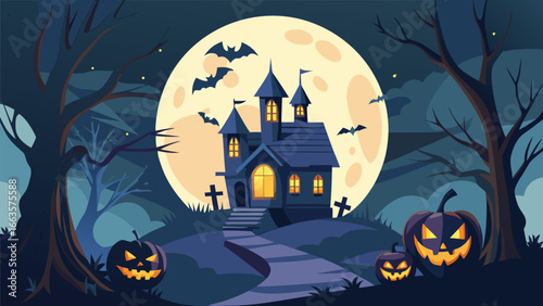 Spooky halloween circular design featuring a creepy scene with vibrant cmyk colors and classic fonts