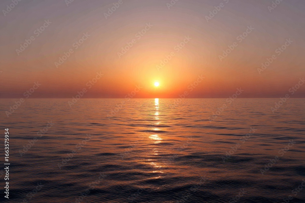 Naklejka premium Sunset over a calm ocean, soft hues of orange and pink