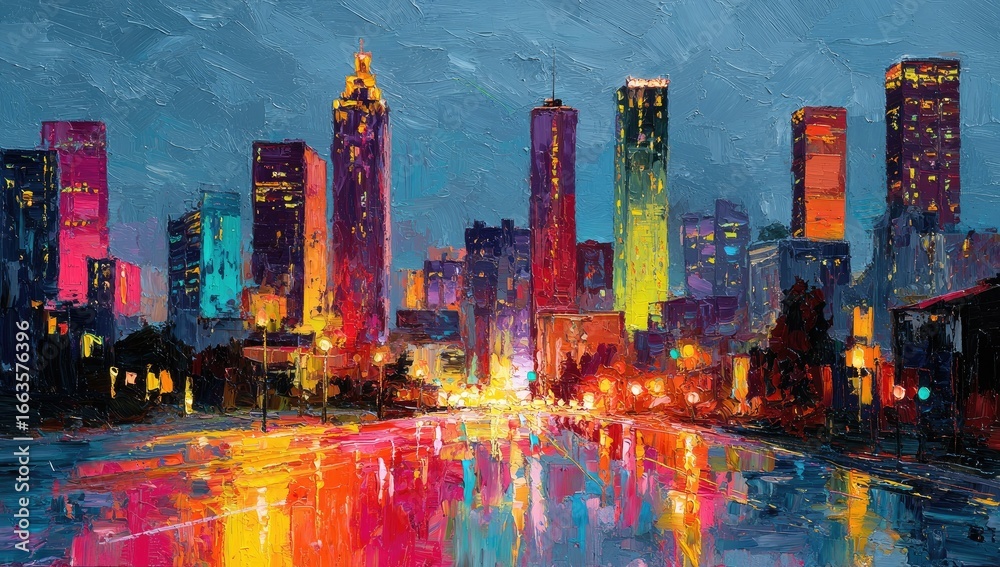 Obraz premium Vibrant cityscape at twilight, vibrant colors, and textured brushstrokes. 