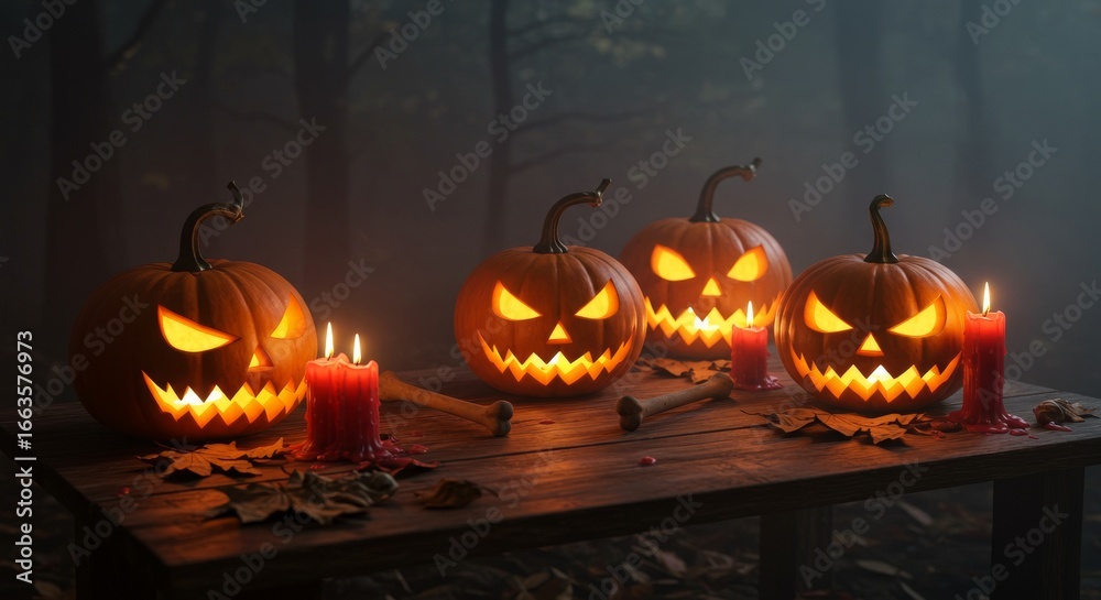 Obraz premium Menacing Jack-o-Lanterns and Flickering Candles Illuminate a Spooky Halloween Night.