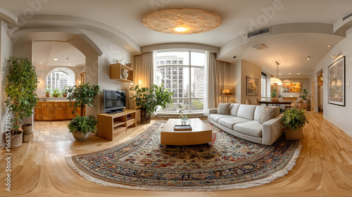 Full spherical seamless hdri panorama 360 degrees view in interior of guest room in apartment with sofa and tv in equirectangular projection, VR content