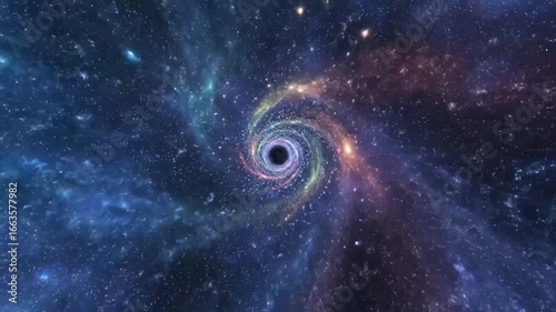 A cosmic depiction of a black hole consuming surrounding celestial matter, spiraling inwards.