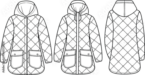 Quilted Hooded Jacket CAD Drawing – Flat Vector Illustration with Front, Back, and Side Views, Flap Pockets, Technical Stitching, and Outerwear Garment Layout