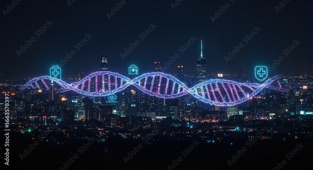 Obraz premium Health Research in Precision Medicine. Illuminated skyline with a DNA strand design, blending science and city life at night.