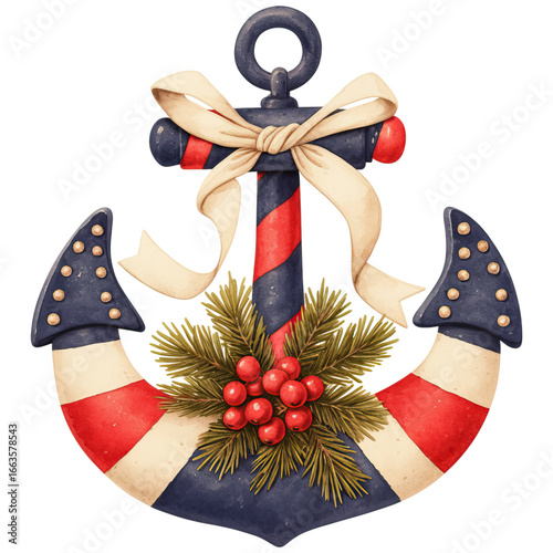 Nautical Coastal Christmas. A decorative anchor adorned with a bow and greenery watercolor clipart