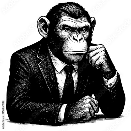 Intelligent chimpanzee in professional suit deep in thought, pondering complex decisions, unique art