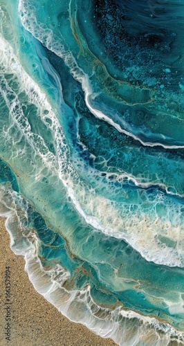 Abstract resin art, showcasing flowing teal and turquoise waves over a sandy beige background.  Rippled, textured patterns