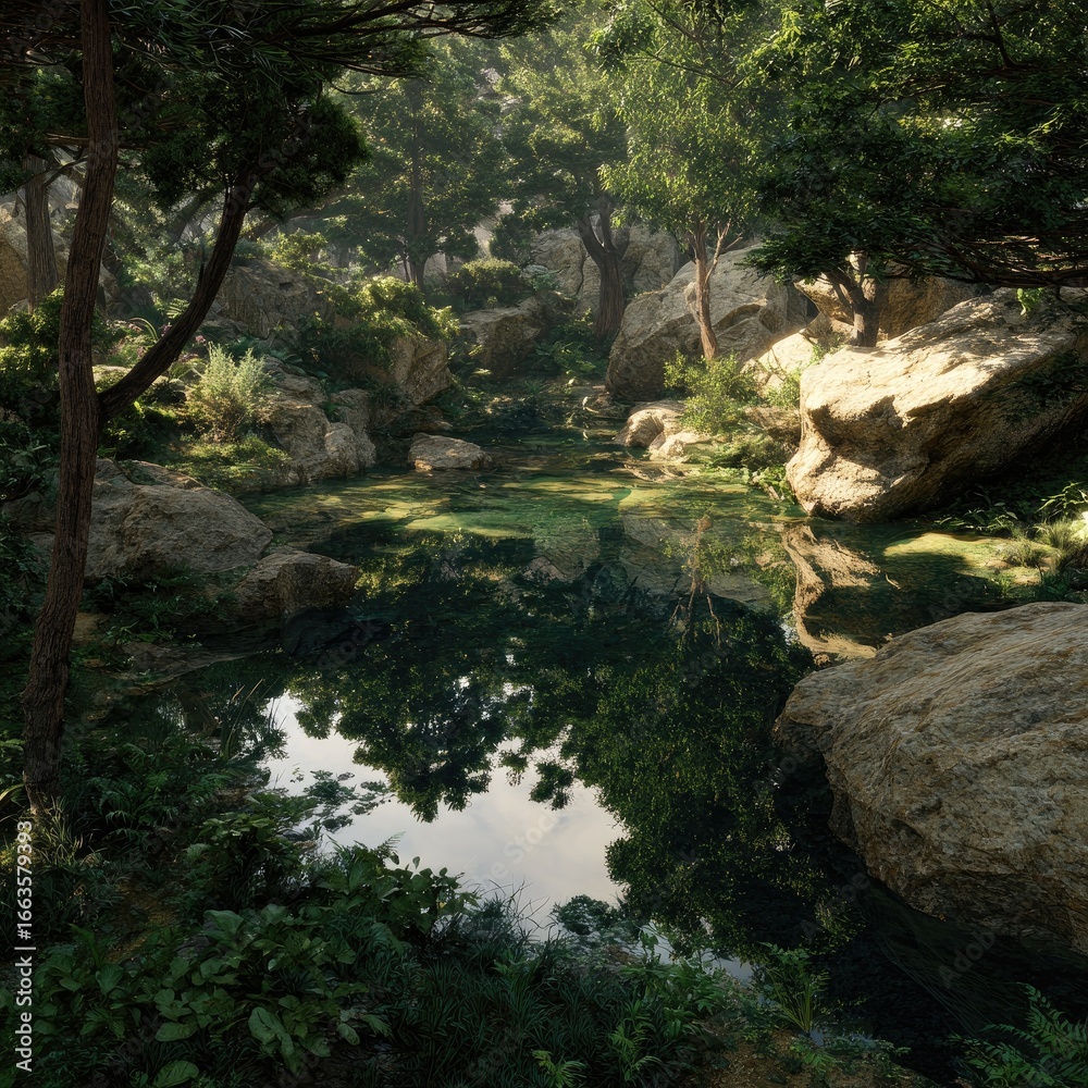 Naklejka premium Sunlight filters through a tranquil forest, reflecting on a still pool of water. Lush greenery surrounds a calm waterway, bordered by large rocks