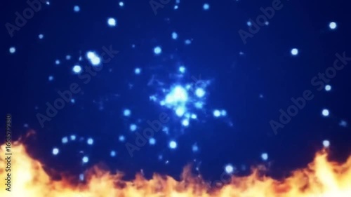 Abstract digital art with blue glowing orbs against a dark blue background, framed by flames.