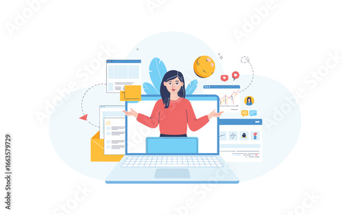 Online Meeting with Analytics and Website Development, Featuring a Woman Presenter, Digital Marketing, Email Communication, Engagement Rate, and Data Analysis in an Internet Webinar.