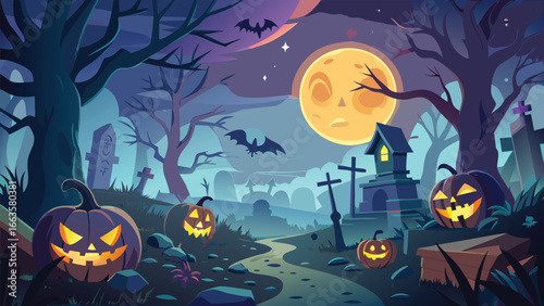Spooky forest scene with gravestones and eerie atmosphere for halloween celebrations