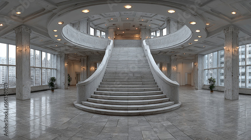 hdri 360 panorama on emergency and evacuation exit stairs in empty modern hall with columns, doors and panoramic windows in office building in spherical equirectangular projection, for AR VR content