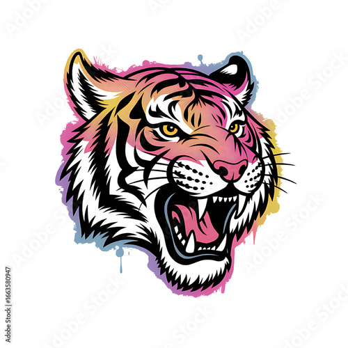 A fierce tiger roaring with vibrant colors a symbol of strength and on transparent background