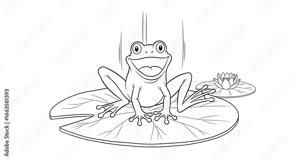 Obraz premium Happy cartoon frog sitting on a lily pad with a water lily.