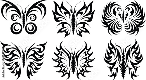 Tribal Butterfly Tattoo design Set, silhouette Symmetrical Wings, vector illustration
