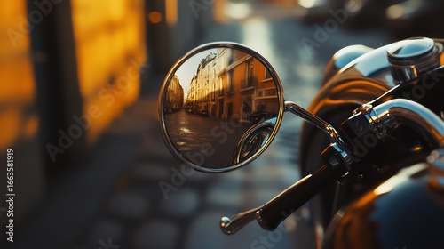 Classic round motorcycle mirror reflecting a vibrant street scene.