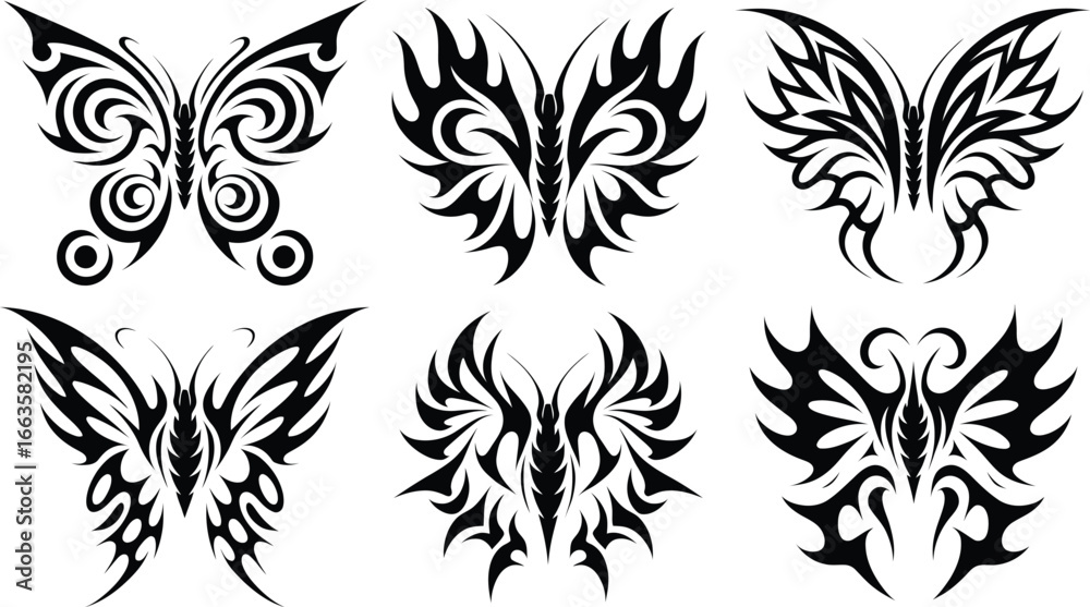 Fototapeta premium Tribal Butterfly Tattoo design Set, silhouette Symmetrical Wings, vector illustration