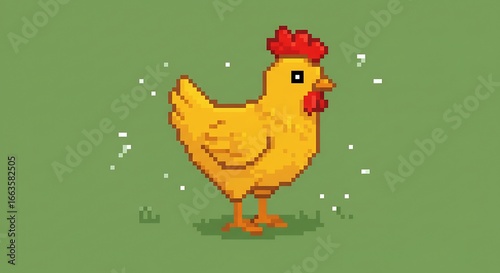 Pixel art of a chicken with a red crest, retro style, simple background