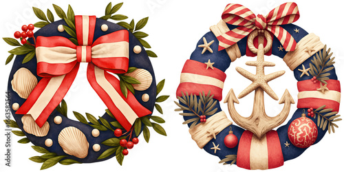 Nautical Coastal Christmas, Two decorative wreaths adorned with ribbons, shells, and an anchor watercolor clipart