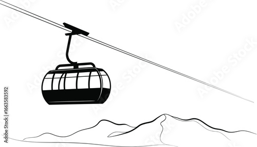 Minimalist line drawing of a ski lift gondola traveling over snowy mountain peaks