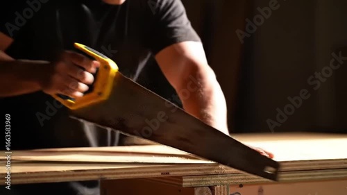 A man's hands skillfully sawing a piece of plywood in a dimly lit workshop.