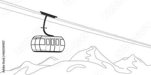 Minimalist line drawing of a ski lift gondola traveling over snowy mountain peaks