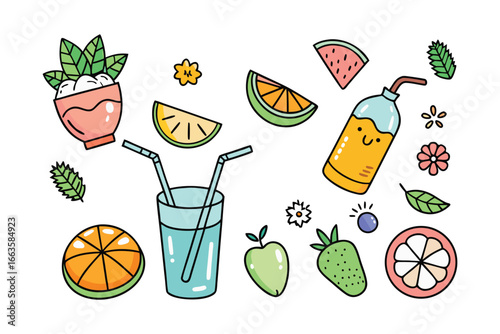 Cute and Refreshing Summer Fruit and Drinks Doodle Collection
