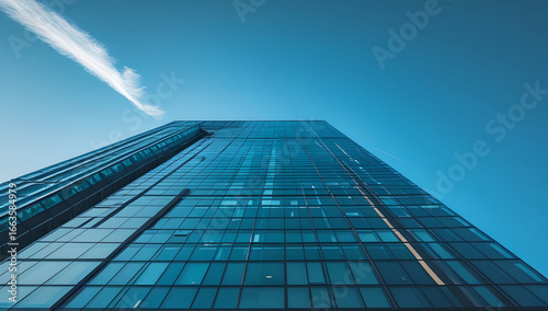 Glass skyscraper with blue sky in the background