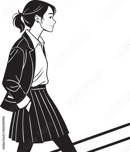 Elegant Girl Walking in a Pleated Skirt A Black and White Illustration