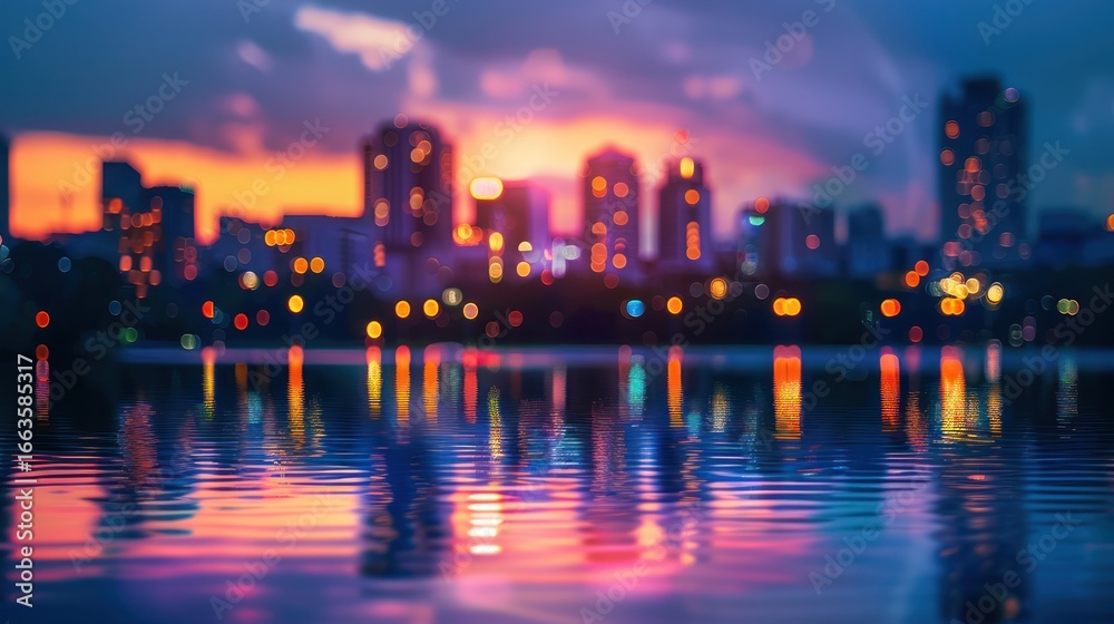 Fototapeta premium Cityscape Reflections at Twilight: An Evocative Blend of Urban and Natural Beauty
