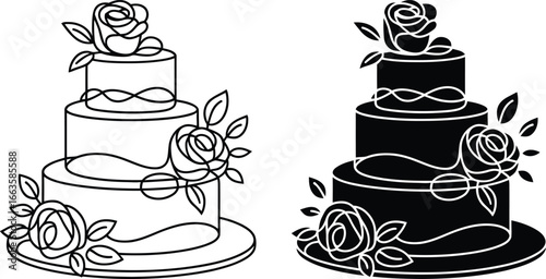 Elegant three tier wedding cake with roses in outline and silhouette