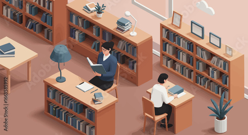 3D Isometric Illustration of People Studying and Reading in a Modern Library Environment with Bookshelves