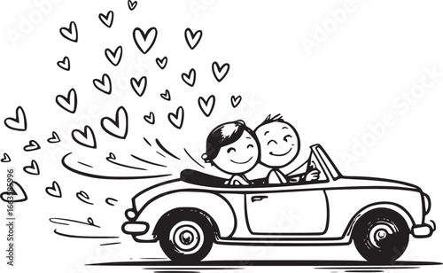 Love's Journey: A charming cartoon couple embarking on a romantic road trip in a vintage convertible, surrounded by a cascade of hearts.