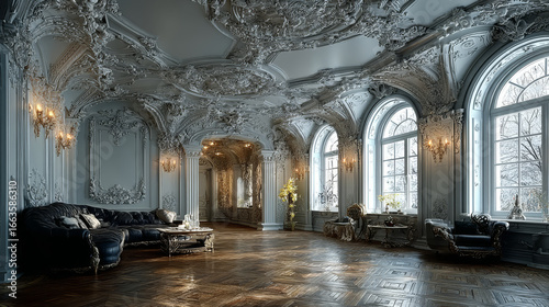 Detail of corner ceiling with intricate crown molding. Suspended ceiling and drywall construction in empty room in apartment or house. Stretch ceiling white and complex shape.