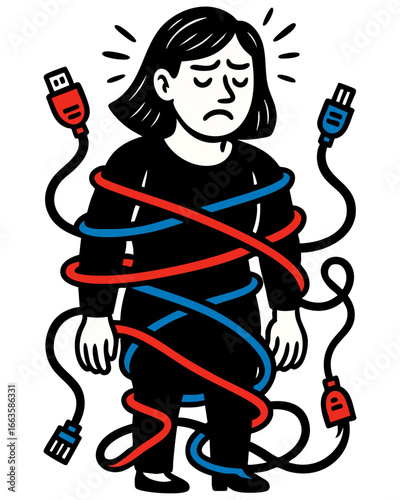 Businesswoman Tangled in Cables – Technology Overload, Workplace Stress and Digital Pressure Vector Illustration