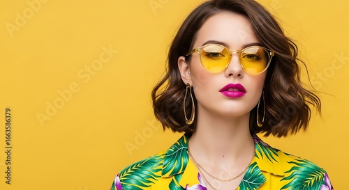 Stylish Woman in Yellow Sunglasses and Shirt