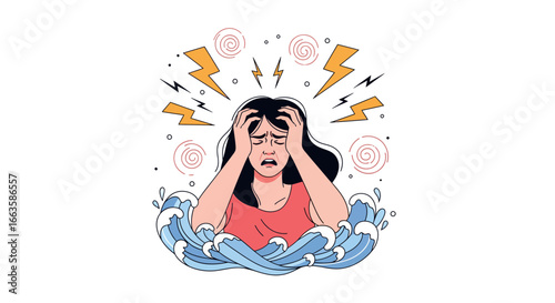 A woman feeling overwhelmed by intense emotional stress and anxiety, grappling with mental pressure and the sensation of drowning in life's challenges, symbolizing a state of burnout