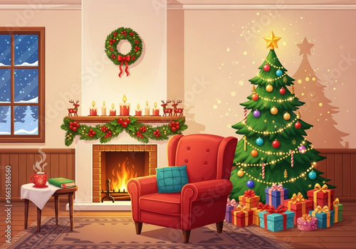 Cozy Christmas Room Interior Fireplace, Armchair & Decorated Tree with Presents – Cartoon Vector Background