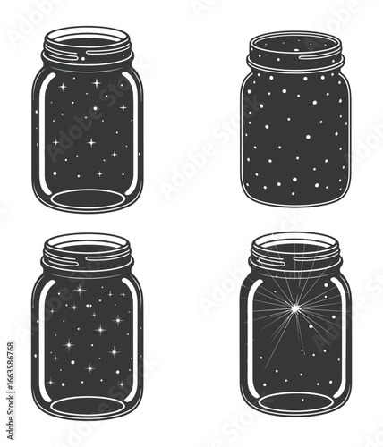 Vector art of four mason jars with starry sky a collection of glass containers for storing food and preserving memories with a celestial touch
