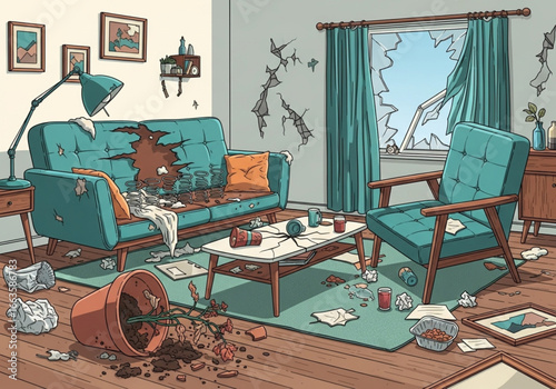 Home Destruction Vector Elements – Torn Furniture, Broken Pots & Trash for Disorderly Apartment Scenes