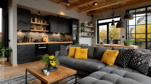 Studio room interior with lounge zone and cooking area furnished with sofa and dining table. Modern design solution, 3d rendering