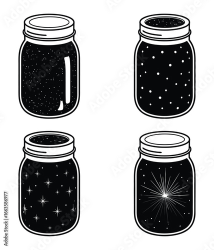 Vector art of four mason jars filled with stars and galaxies a whimsical collection of glass containers for storing food and preserving memories