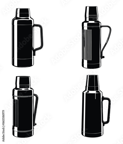 Vector art of four thermos flasks in black and white a collection of insulated containers for hot and cold beverages, perfect for travel and outdoor activities