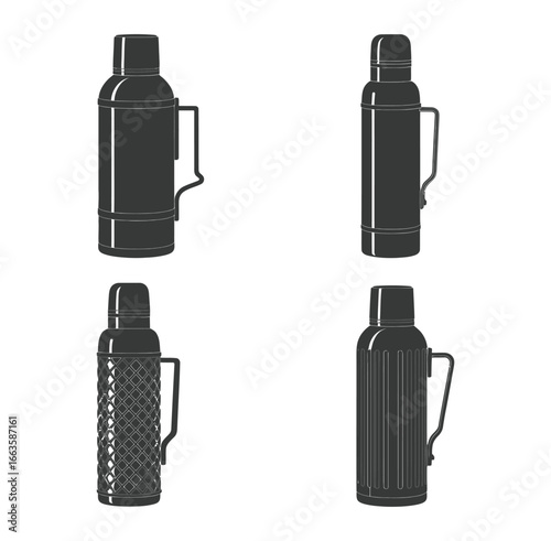 Vector art of collection of four vintage thermos flasks with handles, , displaying different styles and designs for keeping beverages hot or cold on the go
