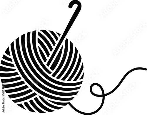 Simple black and white illustration of a ball of yarn with a crochet hook