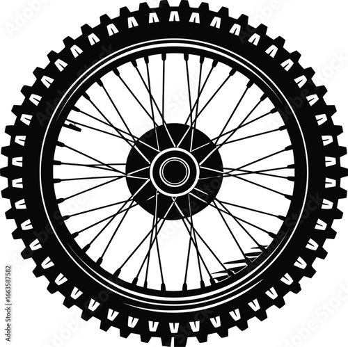 Black and white illustration of a motorcycle rear wheel with spokes and sprocket