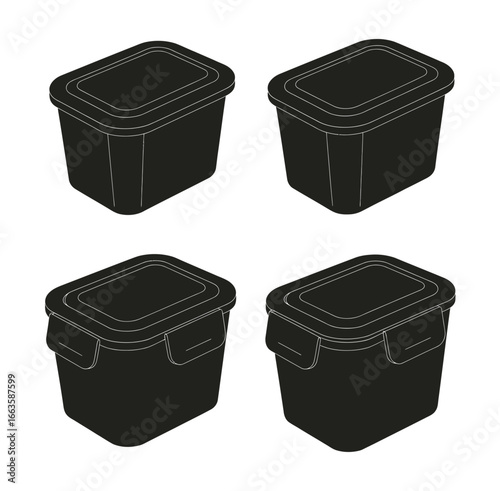 Illustration of four plastic food containers, representing kitchen storage solutions for keeping food fresh and organized, perfect for meal prep and leftovers